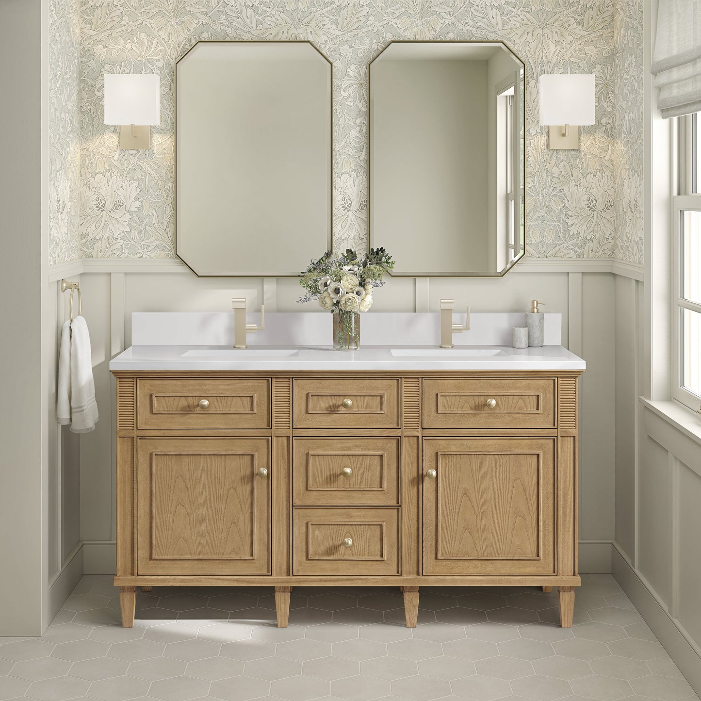 James Martin Vanities Lorelai 60" Light Natural Oak Double Vanity With Single Hole 3 CM White Zeus Quartz Top & Backsplash