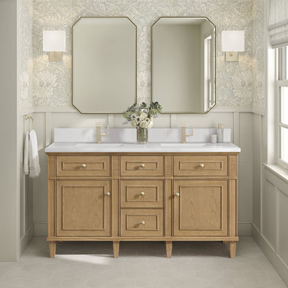 James Martin Vanities Lorelai 60" Light Natural Oak Double Vanity With Single Hole 3 CM White Zeus Quartz Top & Backsplash