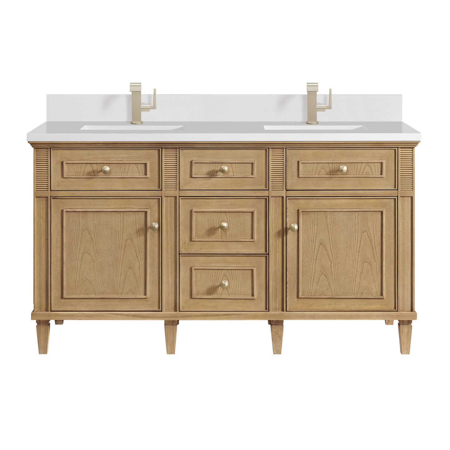 James Martin Vanities Lorelai 60" Light Natural Oak Double Vanity With Single Hole 3 CM White Zeus Quartz Top & Backsplash