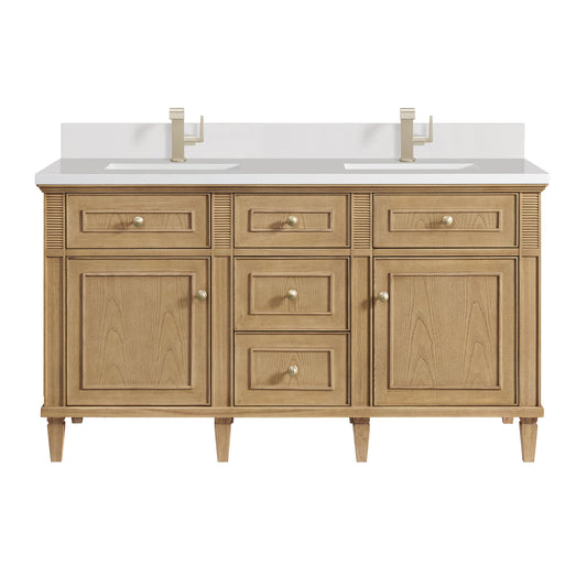 James Martin Vanities Lorelai 60" Light Natural Oak Double Vanity With Single Hole 3 CM White Zeus Quartz Top & Backsplash