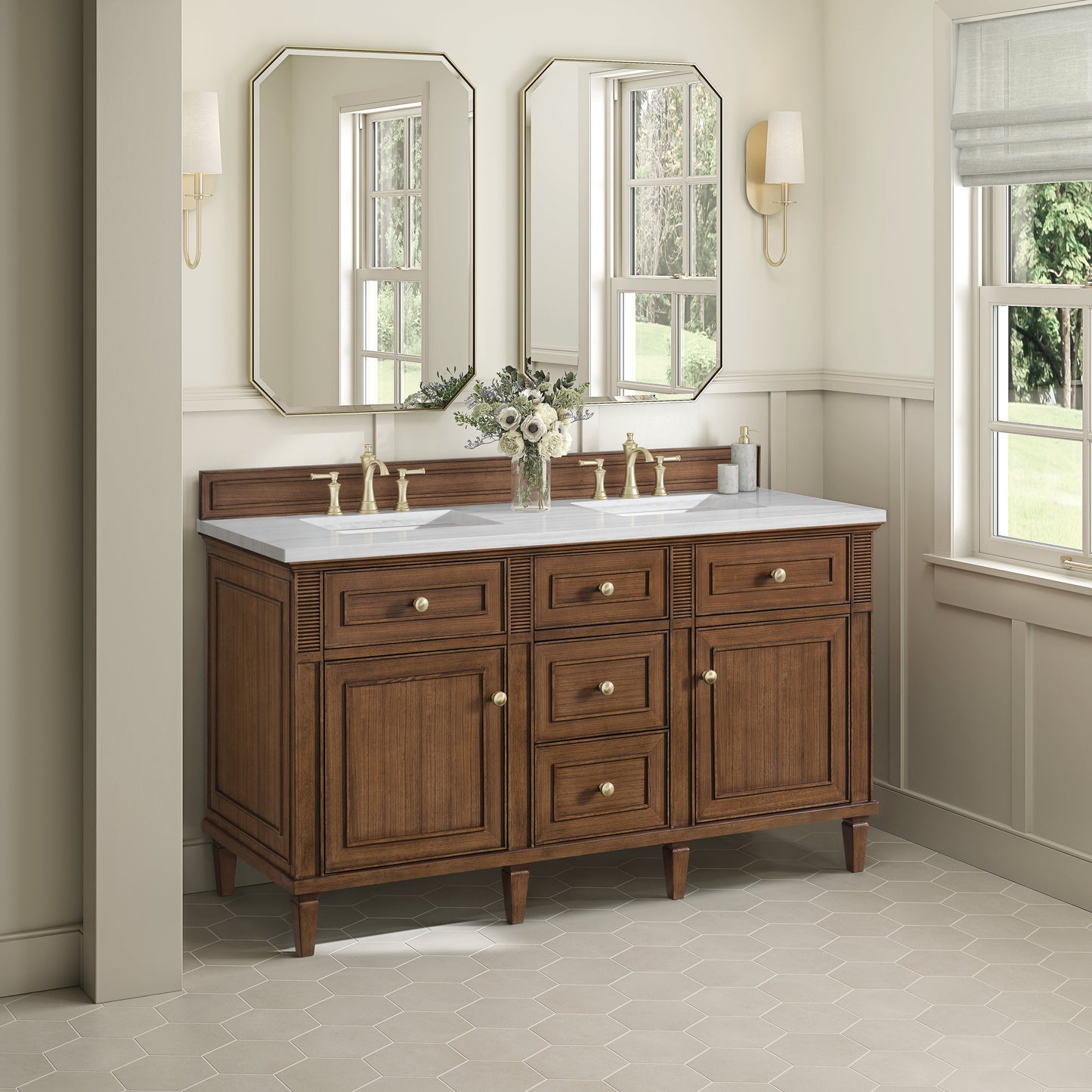 James Martin Vanities Lorelai 60" Mid-Century Walnut Double Vanity With 3 CM Arctic Fall Solid Surface Top