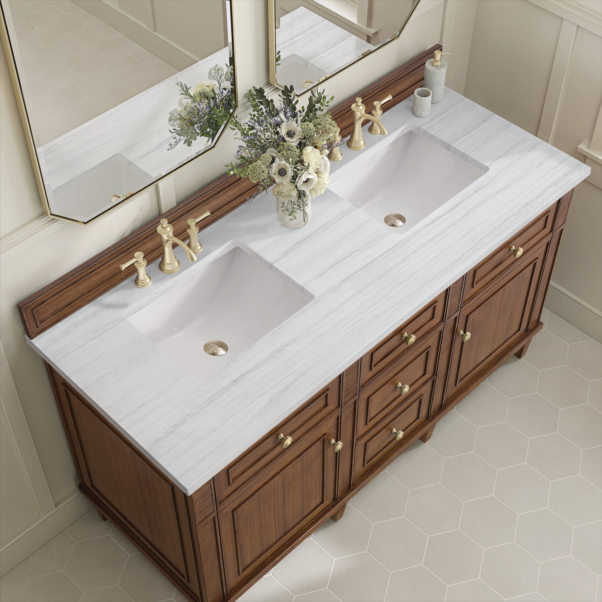 James Martin Vanities Lorelai 60" Mid-Century Walnut Double Vanity With 3 CM Arctic Fall Solid Surface Top