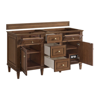 James Martin Vanities Lorelai 60" Mid-Century Walnut Double Vanity With 3 CM Arctic Fall Solid Surface Top