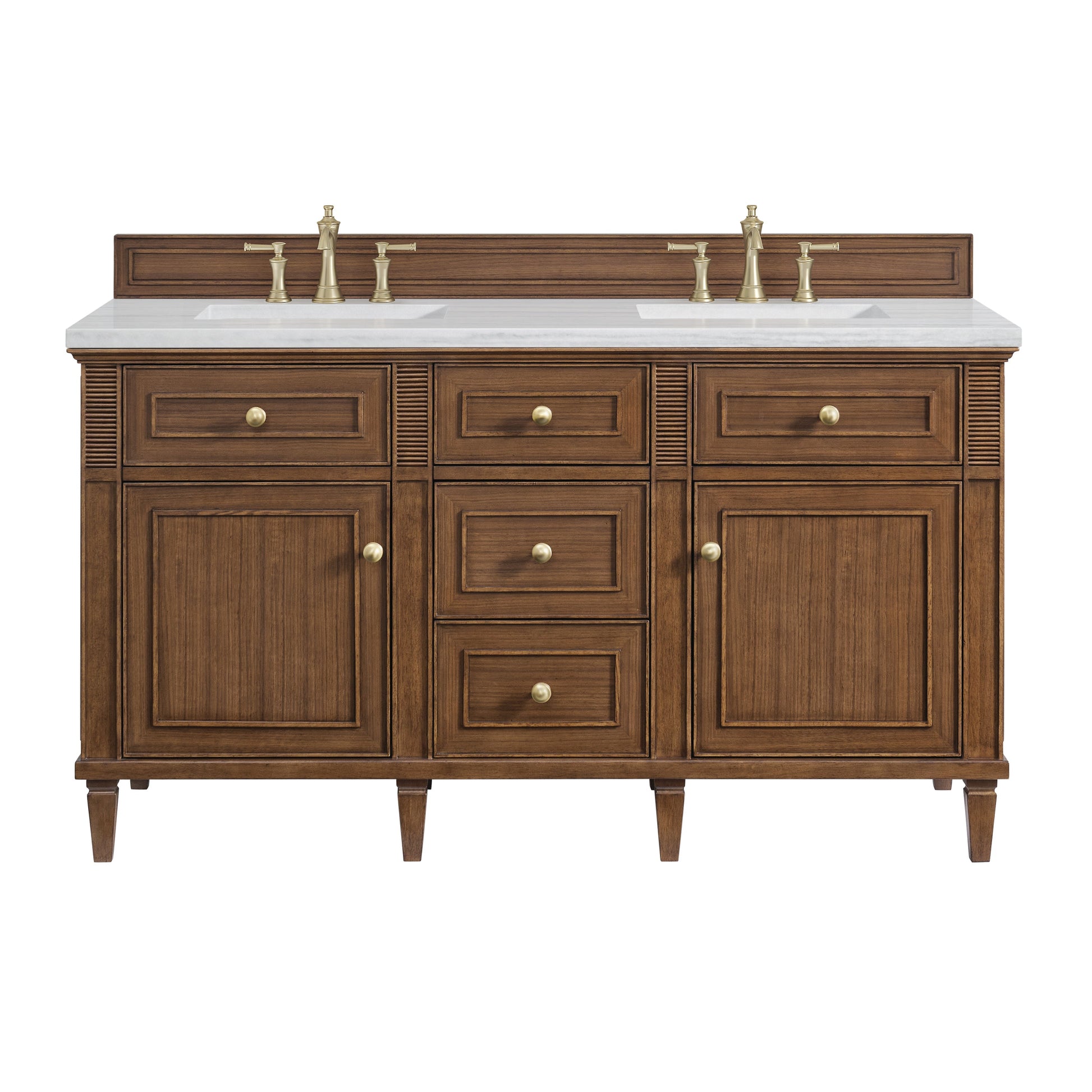 James Martin Vanities Lorelai 60" Mid-Century Walnut Double Vanity With 3 CM Arctic Fall Solid Surface Top