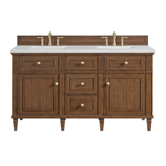 James Martin Vanities Lorelai 60" Mid-Century Walnut Double Vanity With 3 CM Arctic Fall Solid Surface Top