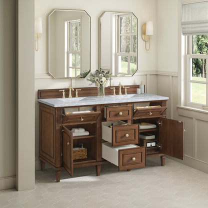 James Martin Vanities Lorelai 60" Mid-Century Walnut Double Vanity With 3 CM Carrara White Marble Top