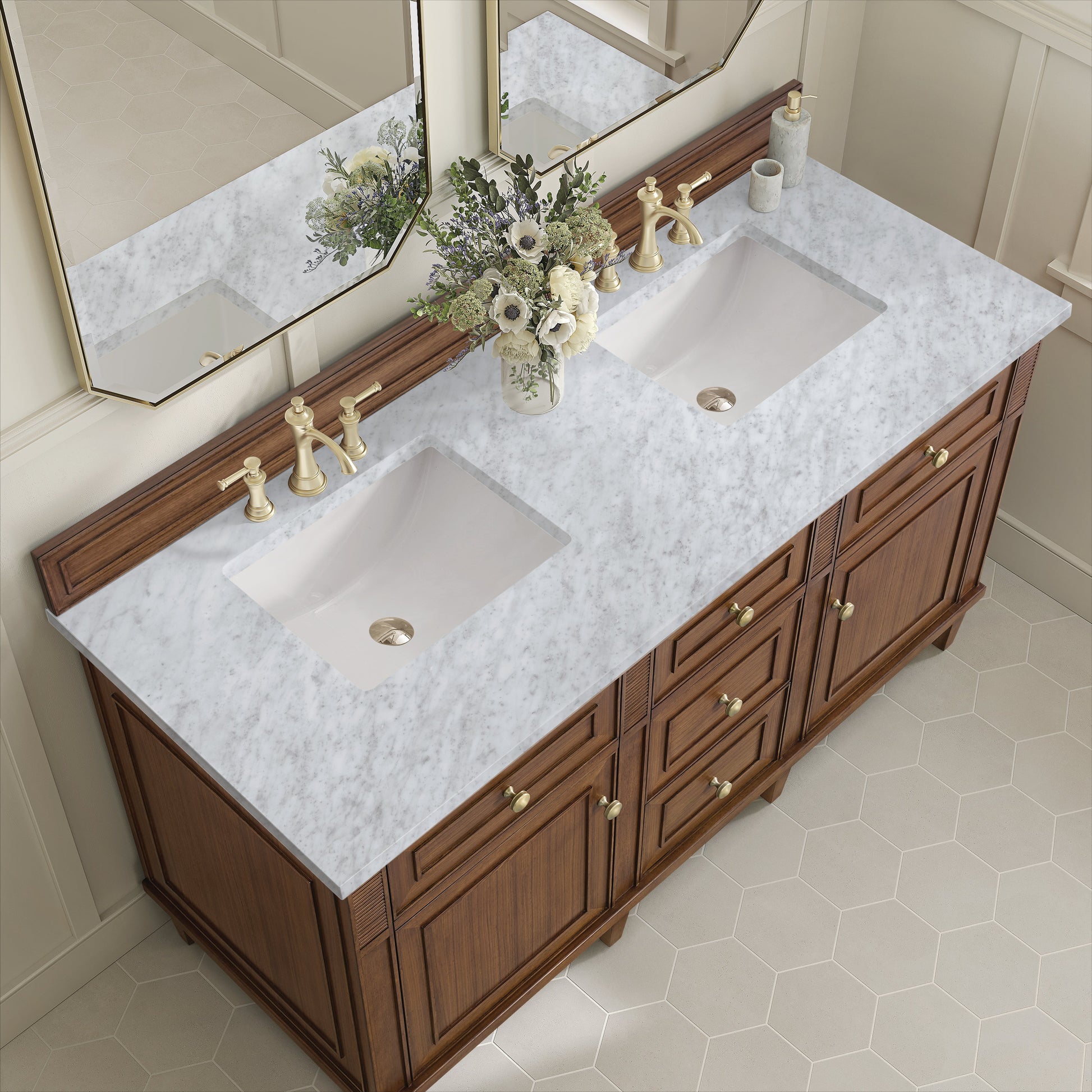 James Martin Vanities Lorelai 60" Mid-Century Walnut Double Vanity With 3 CM Carrara White Marble Top