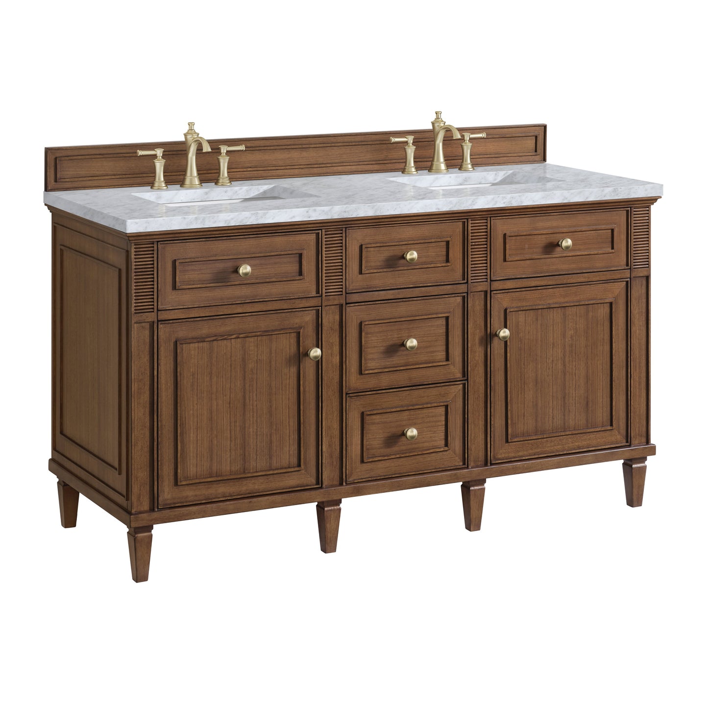 James Martin Vanities Lorelai 60" Mid-Century Walnut Double Vanity With 3 CM Carrara White Marble Top