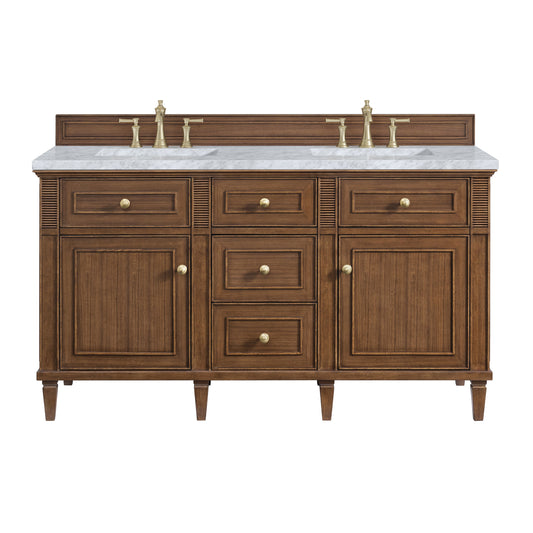 James Martin Vanities Lorelai 60" Mid-Century Walnut Double Vanity With 3 CM Carrara White Marble Top