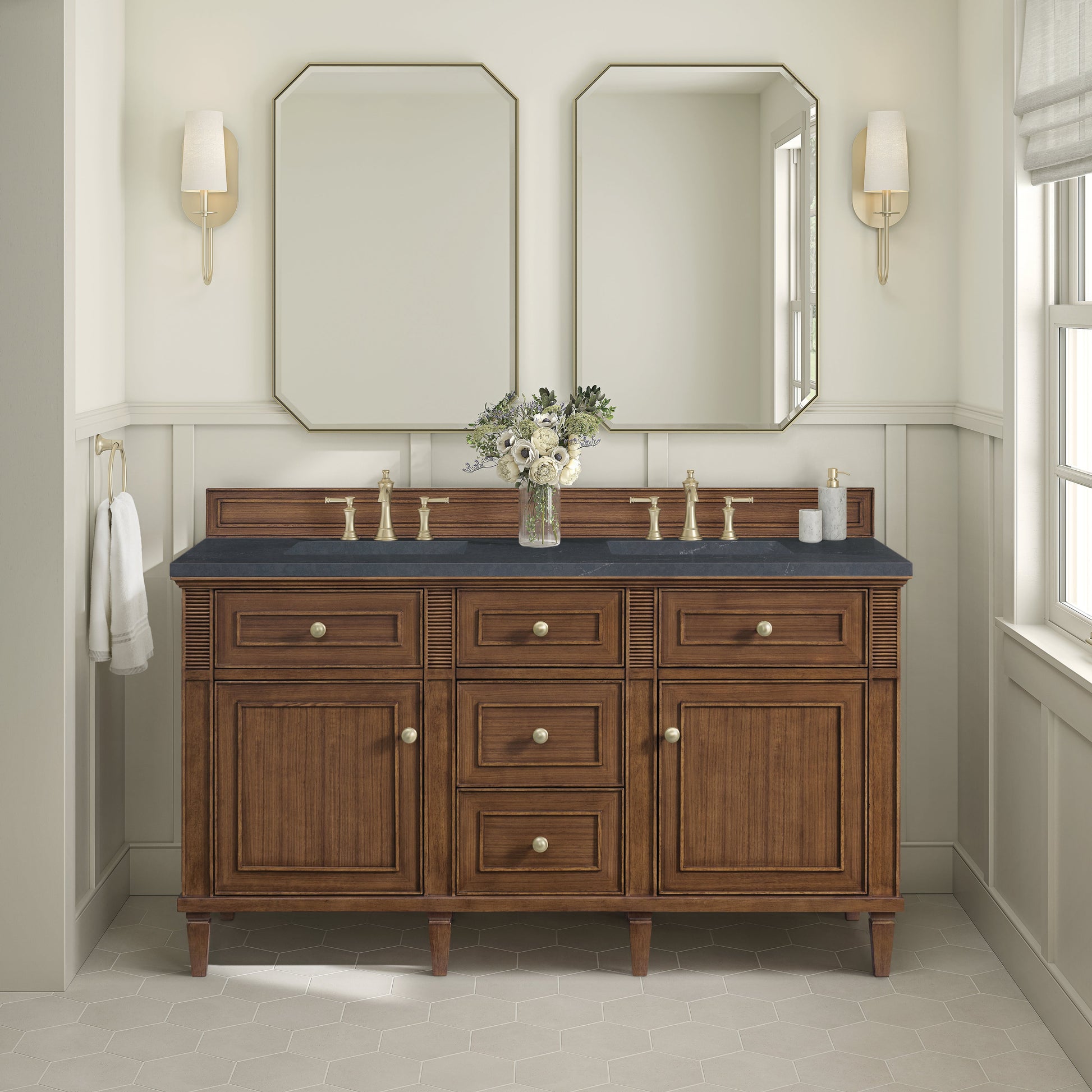 James Martin Vanities Lorelai 60" Mid-Century Walnut Double Vanity With 3 CM Charcoal Soapstone Quartz Top