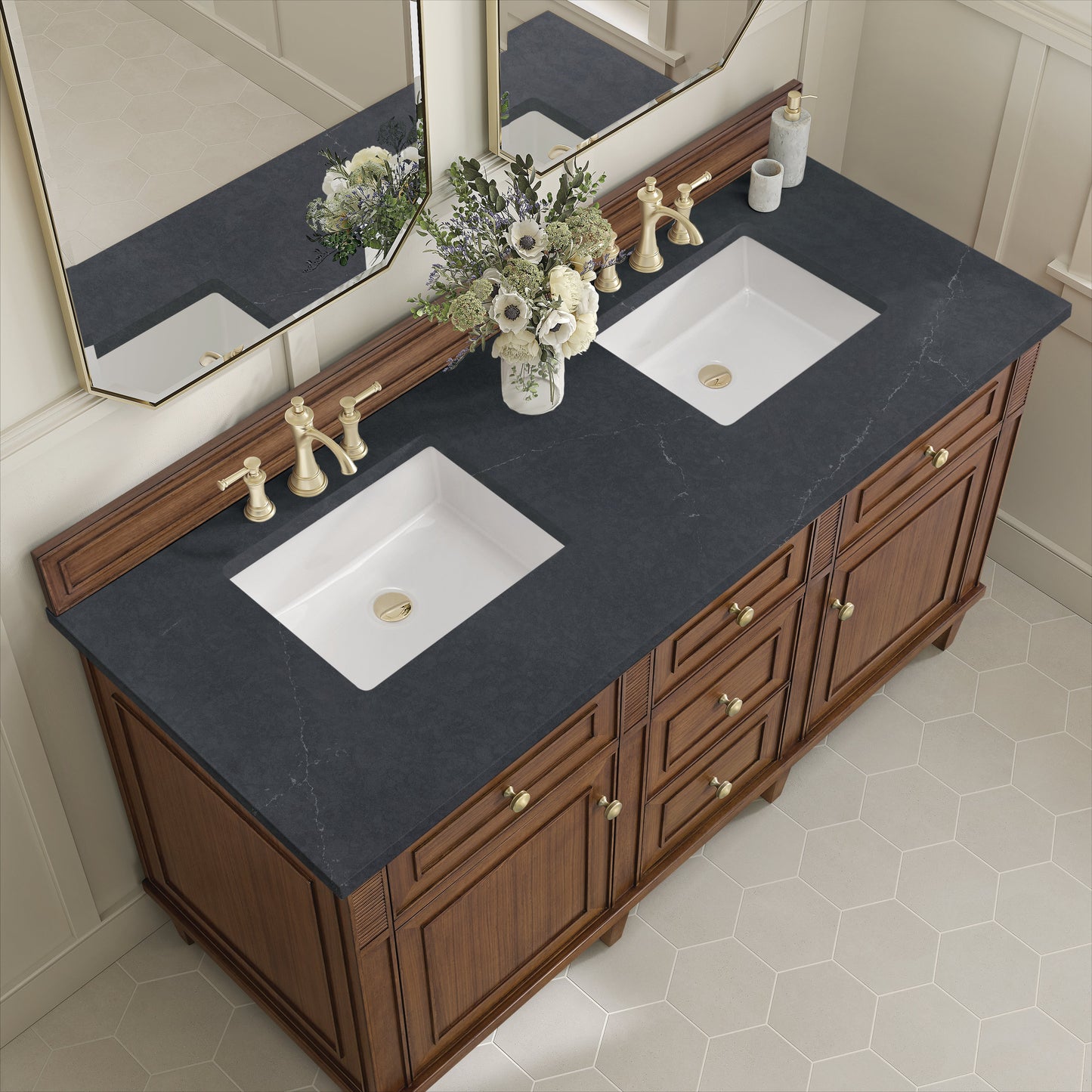 James Martin Vanities Lorelai 60" Mid-Century Walnut Double Vanity With 3 CM Charcoal Soapstone Quartz Top