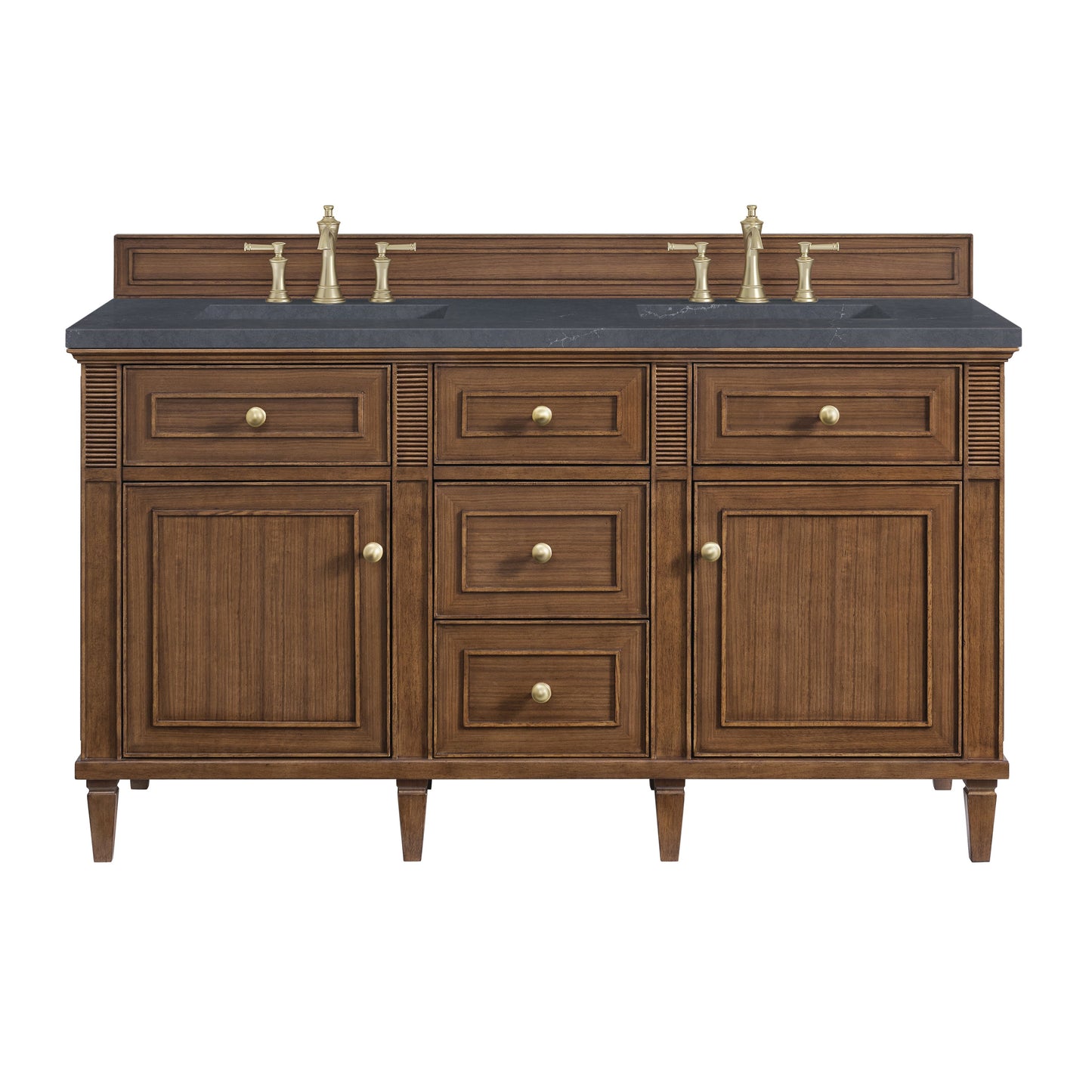 James Martin Vanities Lorelai 60" Mid-Century Walnut Double Vanity With 3 CM Charcoal Soapstone Quartz Top