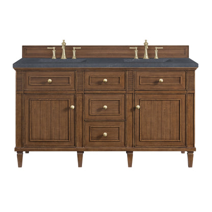 James Martin Vanities Lorelai 60" Mid-Century Walnut Double Vanity With 3 CM Charcoal Soapstone Quartz Top