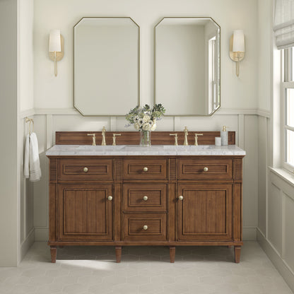 James Martin Vanities Lorelai 60" Mid-Century Walnut Double Vanity With 3 CM Eternal Jasmine Pearl Quartz Top