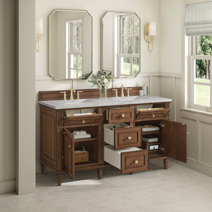 James Martin Vanities Lorelai 60" Mid-Century Walnut Double Vanity With 3 CM Eternal Jasmine Pearl Quartz Top