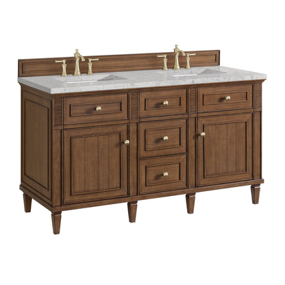 James Martin Vanities Lorelai 60" Mid-Century Walnut Double Vanity With 3 CM Eternal Jasmine Pearl Quartz Top