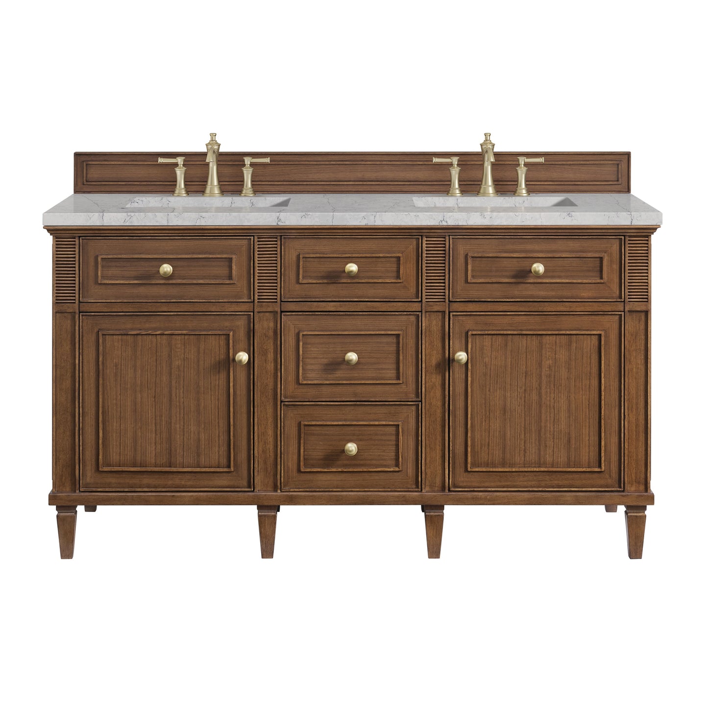 James Martin Vanities Lorelai 60" Mid-Century Walnut Double Vanity With 3 CM Eternal Jasmine Pearl Quartz Top