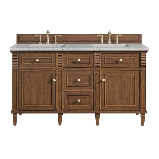 James Martin Vanities Lorelai 60" Mid-Century Walnut Double Vanity With 3 CM Eternal Jasmine Pearl Quartz Top