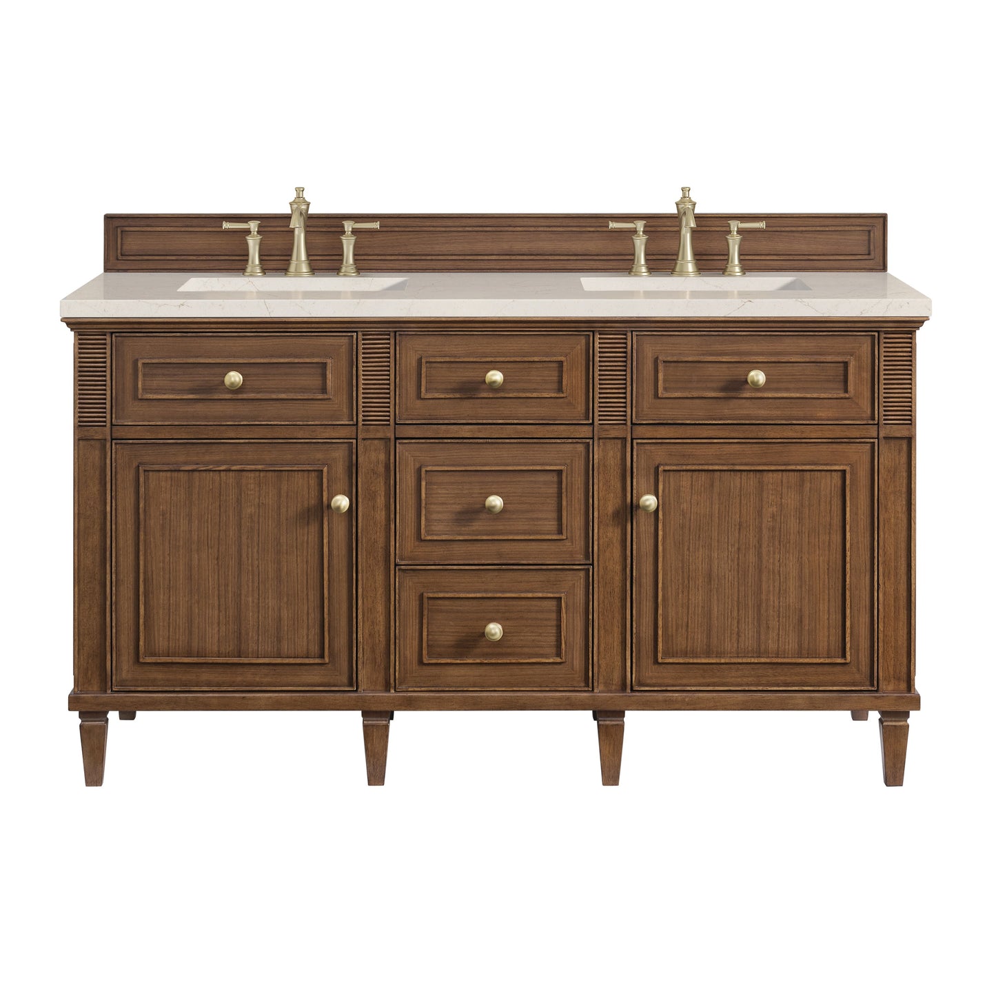 James Martin Vanities Lorelai 60" Mid-Century Walnut Double Vanity With 3 CM Eternal Marfil Quartz Top