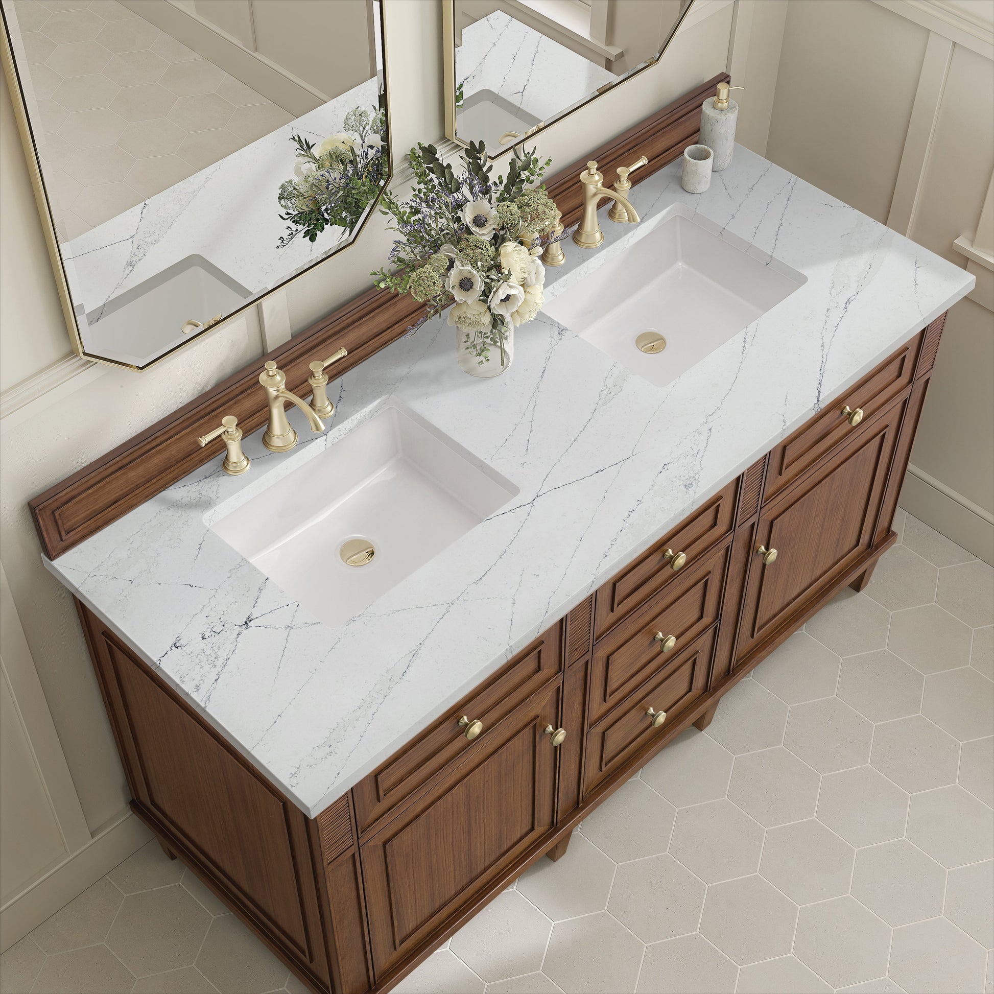 James Martin Vanities Lorelai 60" Mid-Century Walnut Double Vanity With 3 CM Ethereal Noctis Quartz Top