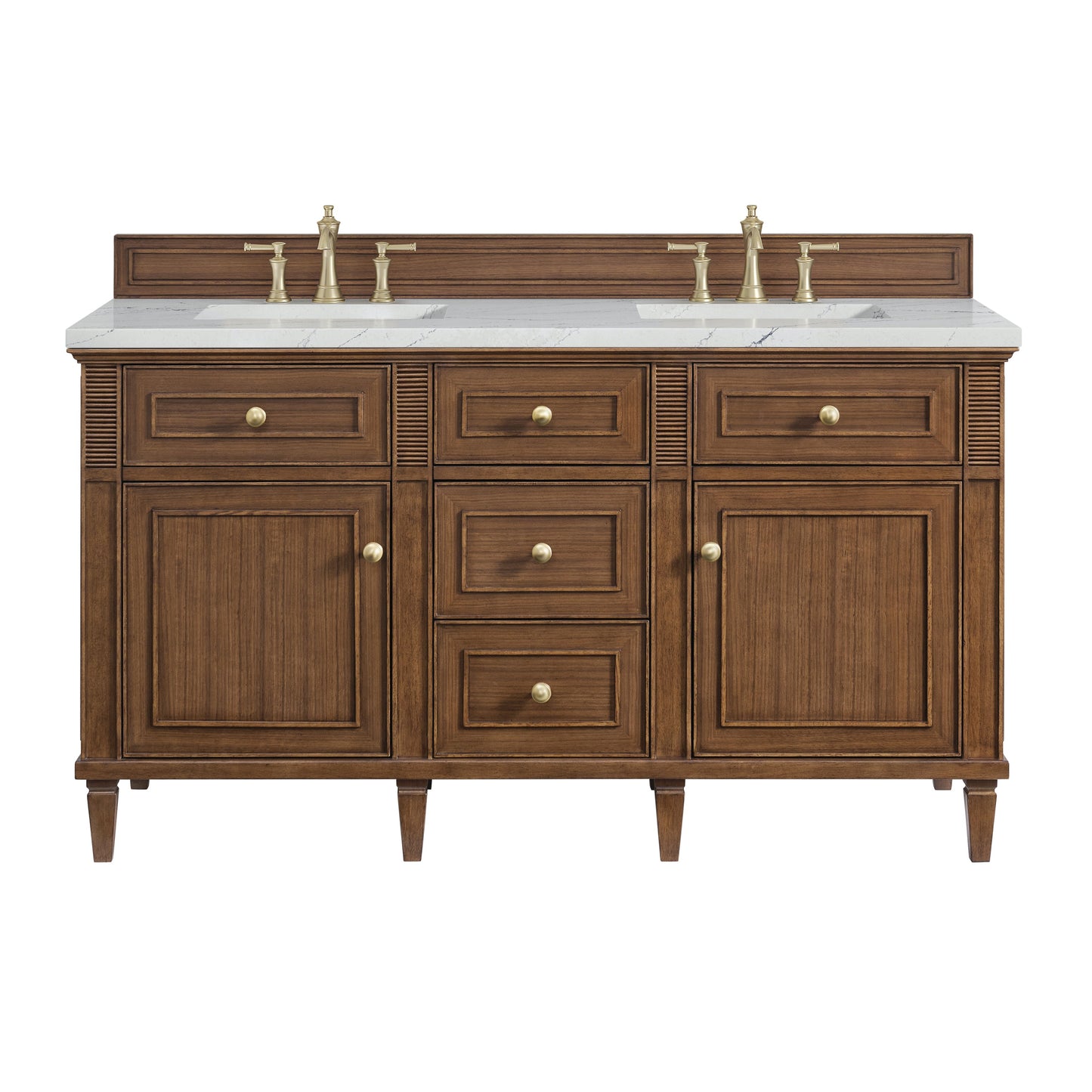 James Martin Vanities Lorelai 60" Mid-Century Walnut Double Vanity With 3 CM Ethereal Noctis Quartz Top