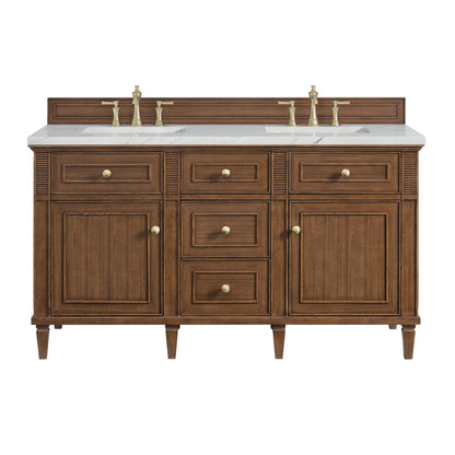 James Martin Vanities Lorelai 60" Mid-Century Walnut Double Vanity With 3 CM Ethereal Noctis Quartz Top