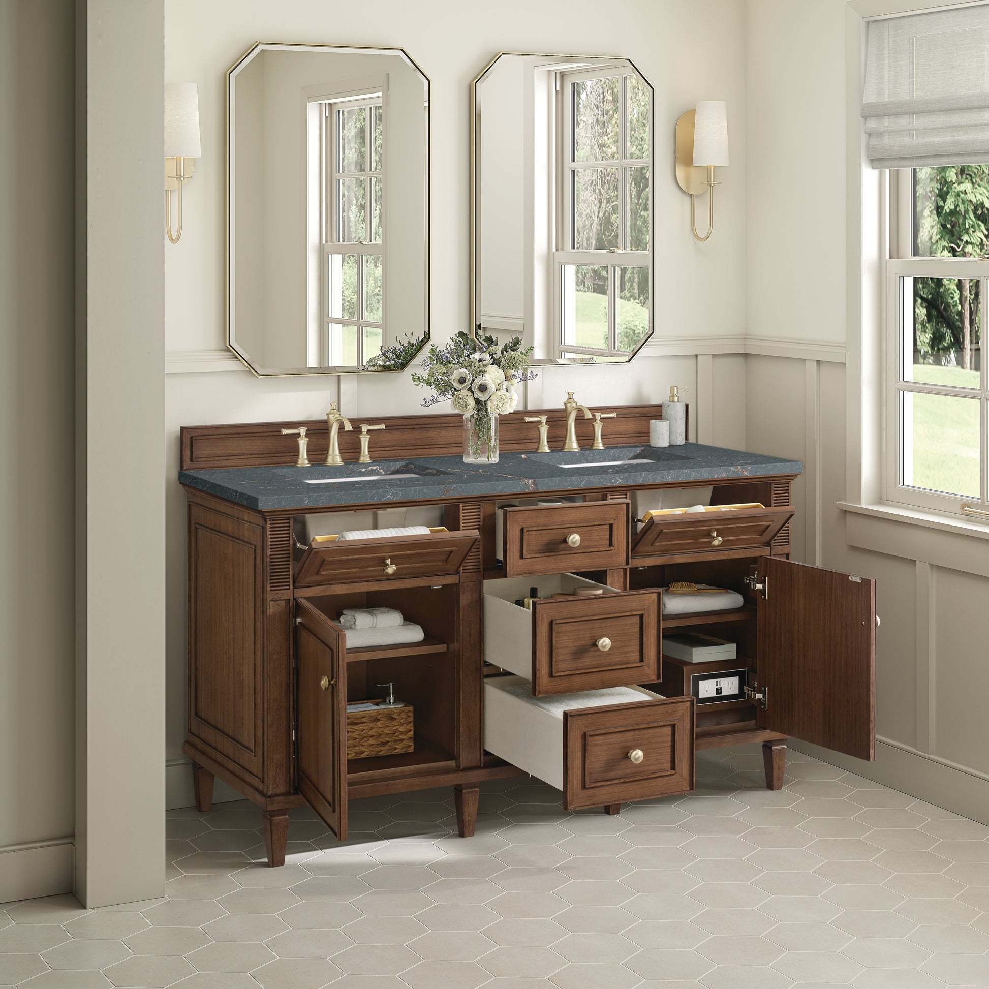 James Martin Vanities Lorelai 60" Mid-Century Walnut Double Vanity With 3 CM Parisien Bleu Quartz Top