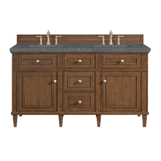 James Martin Vanities Lorelai 60" Mid-Century Walnut Double Vanity With 3 CM Parisien Bleu Quartz Top