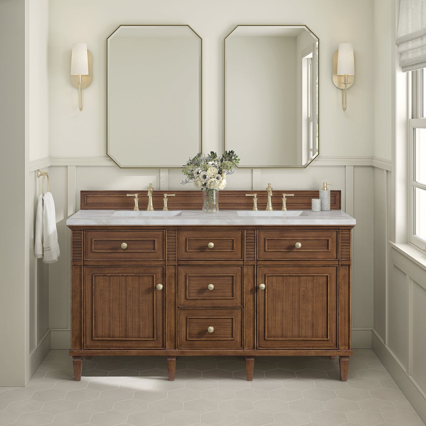 James Martin Vanities Lorelai 60" Mid-Century Walnut Double Vanity With 3 CM Victorian Silver Quartz Top