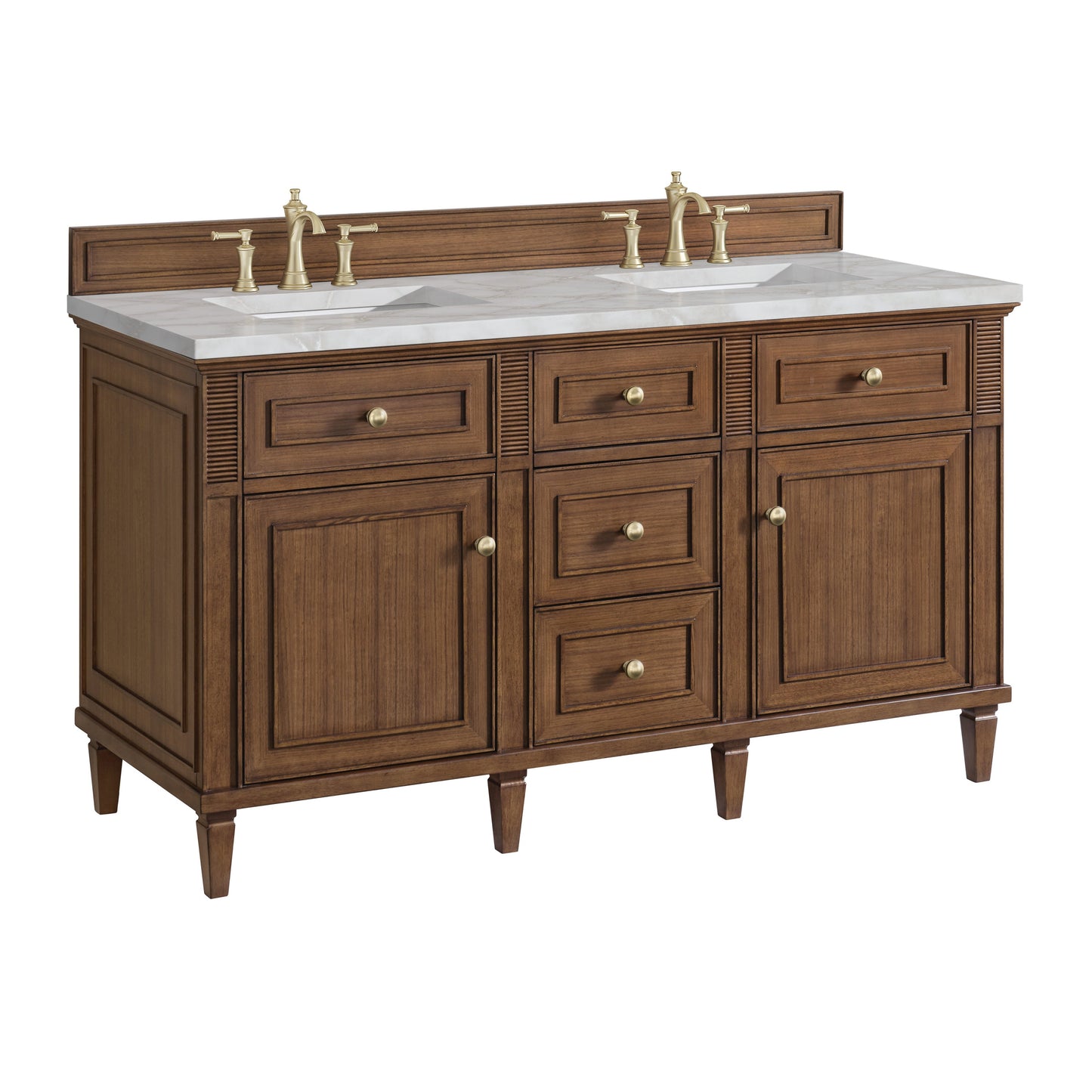 James Martin Vanities Lorelai 60" Mid-Century Walnut Double Vanity With 3 CM Victorian Silver Quartz Top