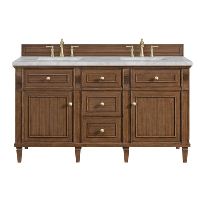 James Martin Vanities Lorelai 60" Mid-Century Walnut Double Vanity With 3 CM Victorian Silver Quartz Top