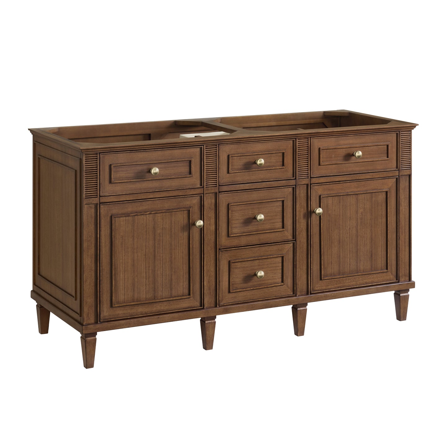 James Martin Vanities Lorelai 60" Mid-Century Walnut Double Vanity With 3 CM White Zeus Quartz Top