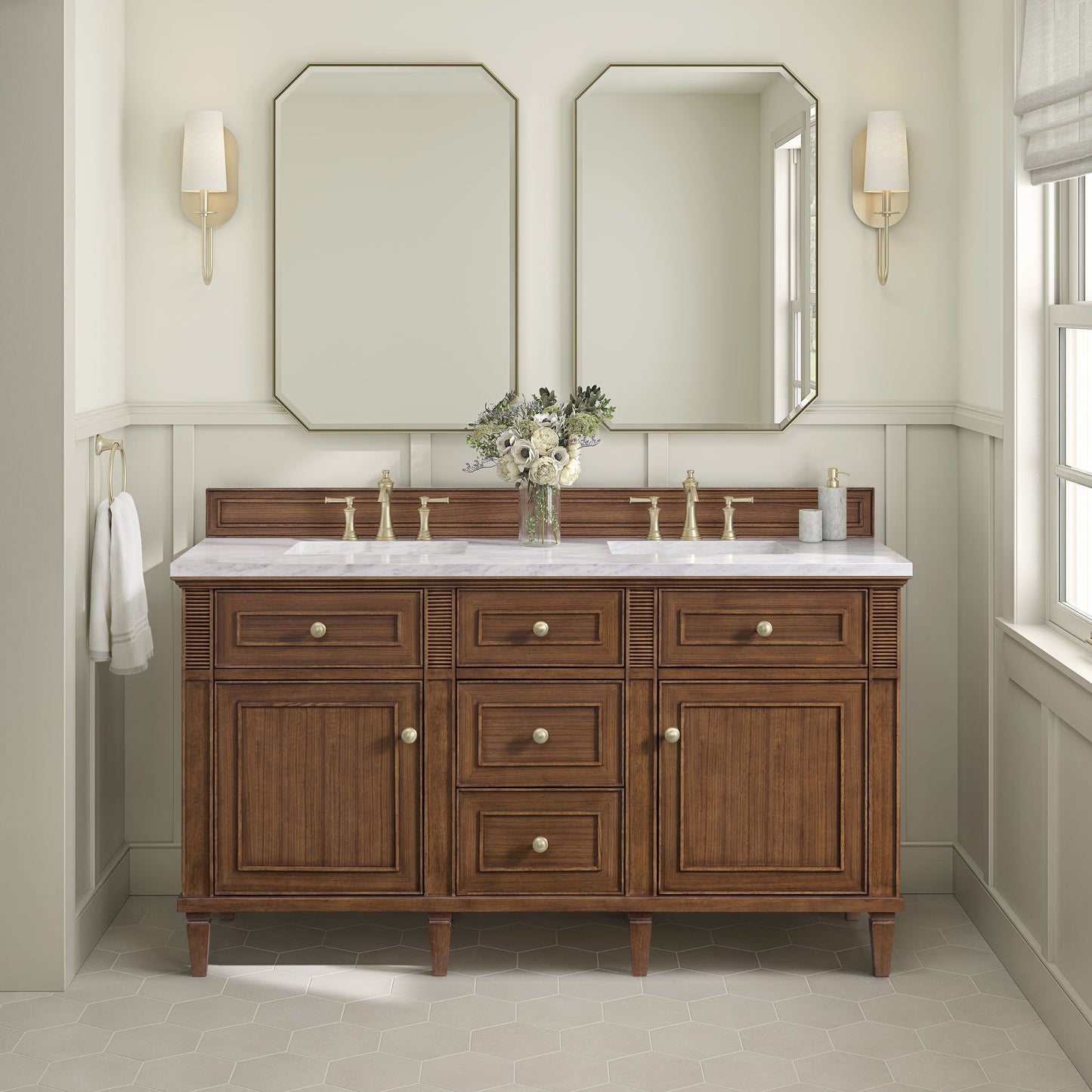 James Martin Vanities Lorelai 60" Mid-Century Walnut Double Vanity With 3 CM White Zeus Quartz Top