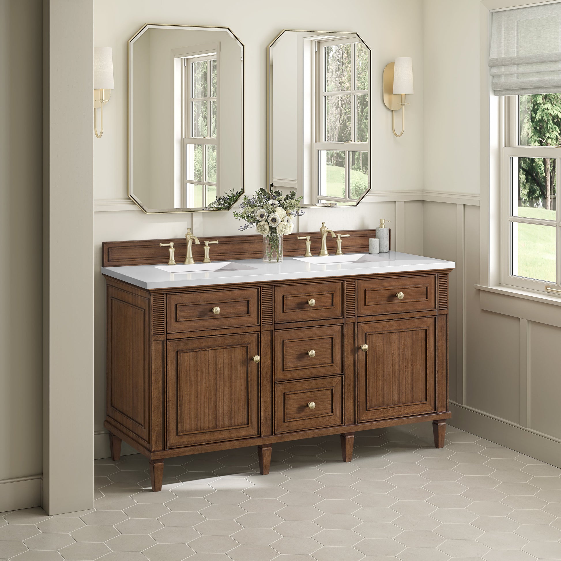 James Martin Vanities Lorelai 60" Mid-Century Walnut Double Vanity With 3 CM White Zeus Quartz Top