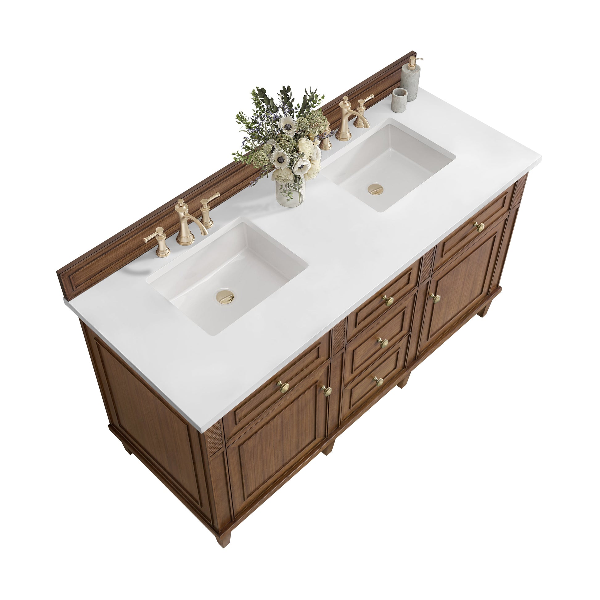 James Martin Vanities Lorelai 60" Mid-Century Walnut Double Vanity With 3 CM White Zeus Quartz Top