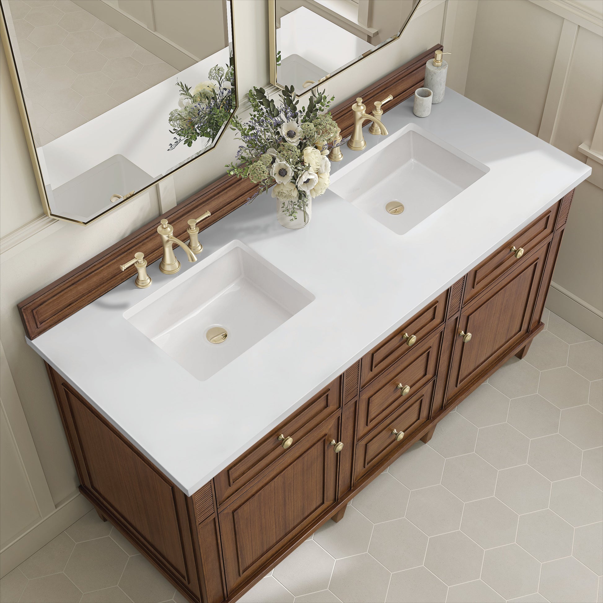 James Martin Vanities Lorelai 60" Mid-Century Walnut Double Vanity With 3 CM White Zeus Quartz Top