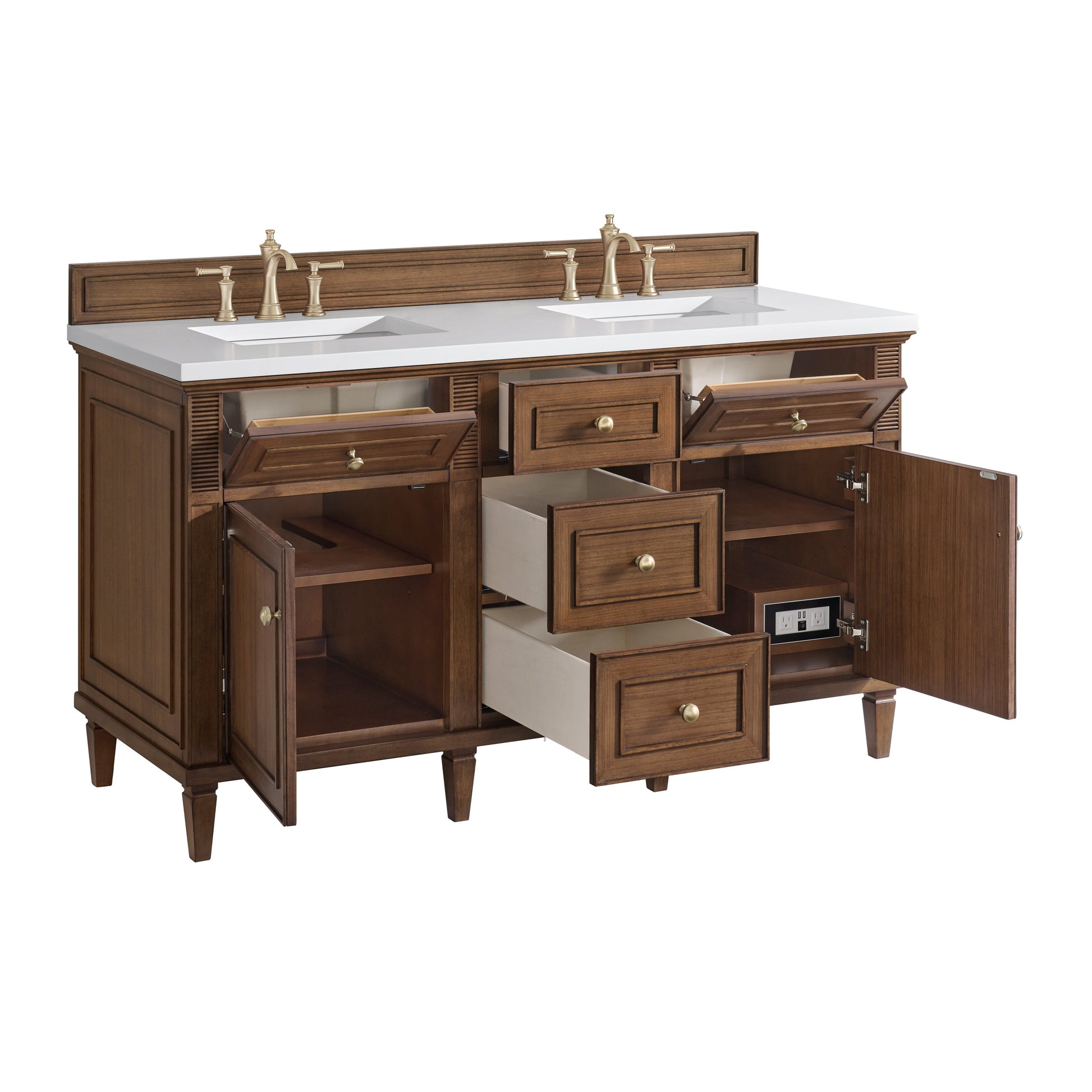 James Martin Vanities Lorelai 60" Mid-Century Walnut Double Vanity With 3 CM White Zeus Quartz Top