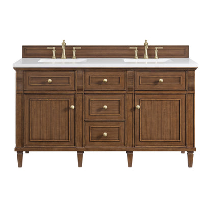 James Martin Vanities Lorelai 60" Mid-Century Walnut Double Vanity With 3 CM White Zeus Quartz Top