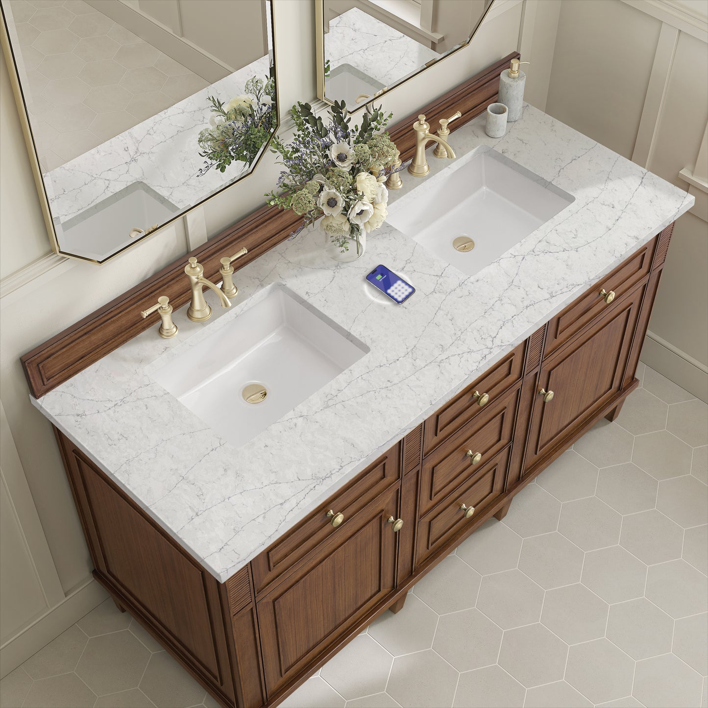 James Martin Vanities Lorelai 60" Mid-Century Walnut Double Vanity With 3 cm Eternal Jasmine Pearl Silestone Top and FreePower Wireless Charger