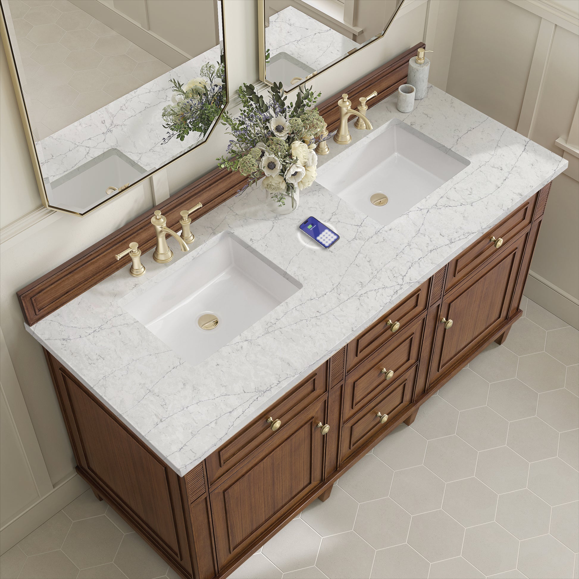 James Martin Vanities Lorelai 60" Mid-Century Walnut Double Vanity With 3 cm Eternal Jasmine Pearl Silestone Top and FreePower Wireless Charger
