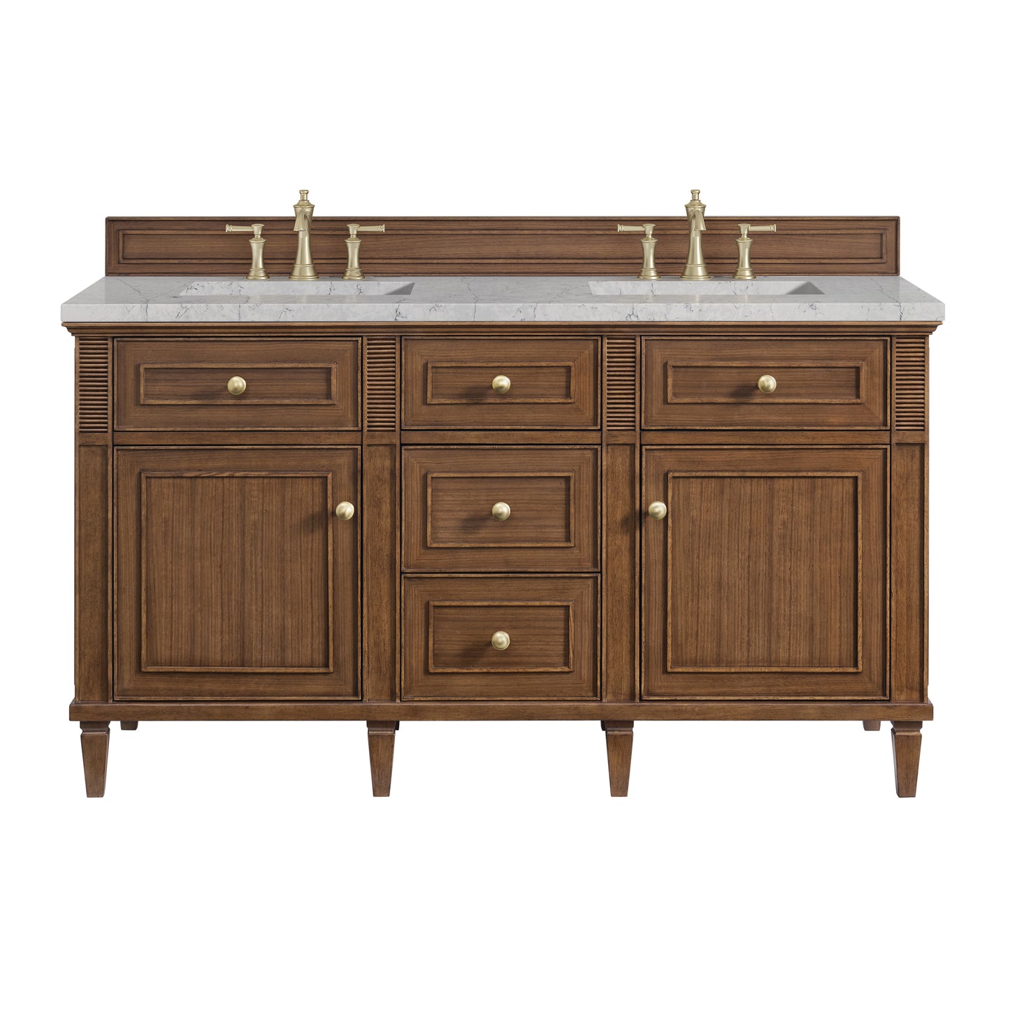 James Martin Vanities Lorelai 60" Mid-Century Walnut Double Vanity With 3 cm Eternal Jasmine Pearl Silestone Top and FreePower Wireless Charger