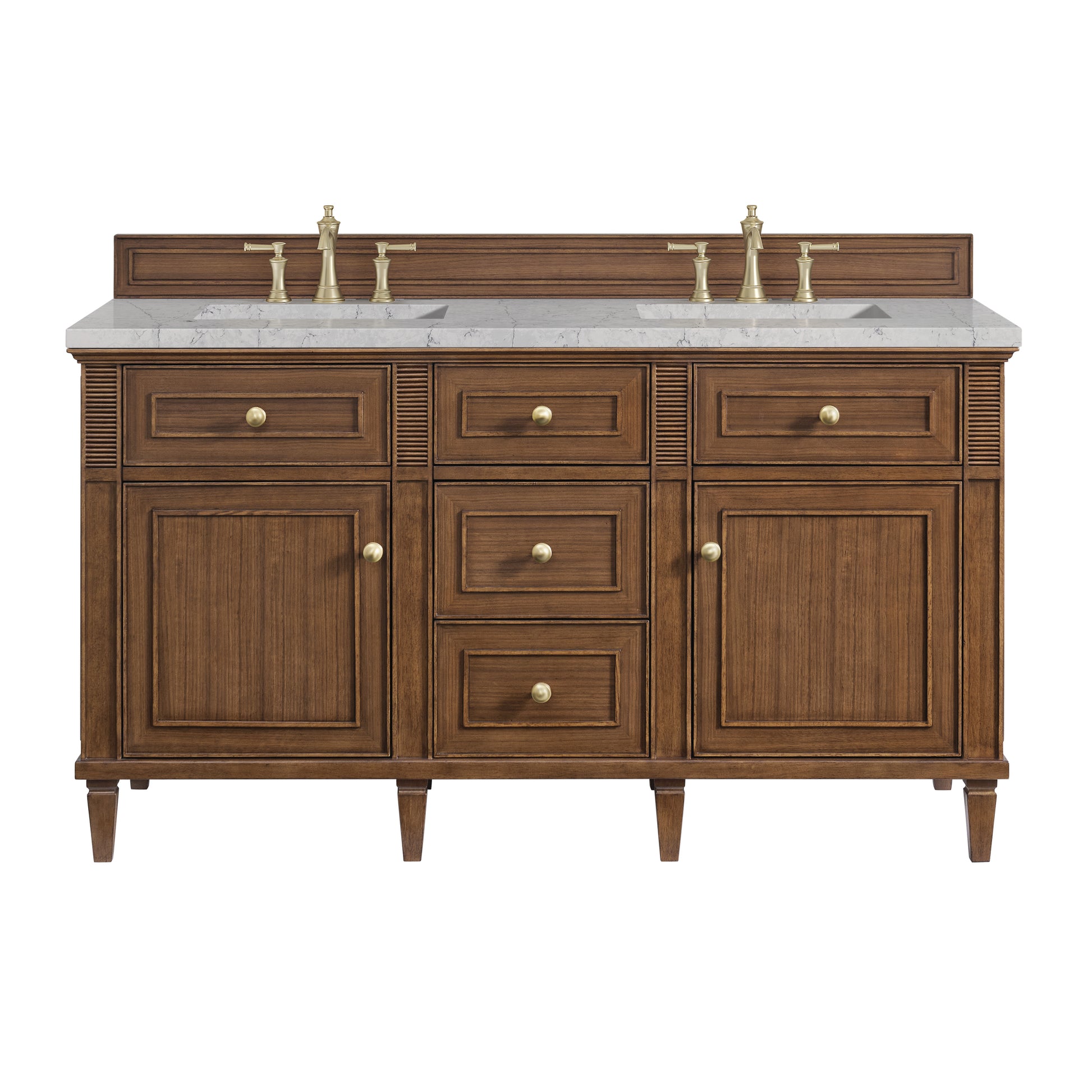 James Martin Vanities Lorelai 60" Mid-Century Walnut Double Vanity With 3 cm Eternal Jasmine Pearl Silestone Top and FreePower Wireless Charger