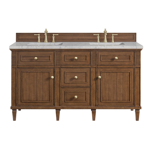 James Martin Vanities Lorelai 60" Mid-Century Walnut Double Vanity With 3 cm Eternal Jasmine Pearl Silestone Top and FreePower Wireless Charger