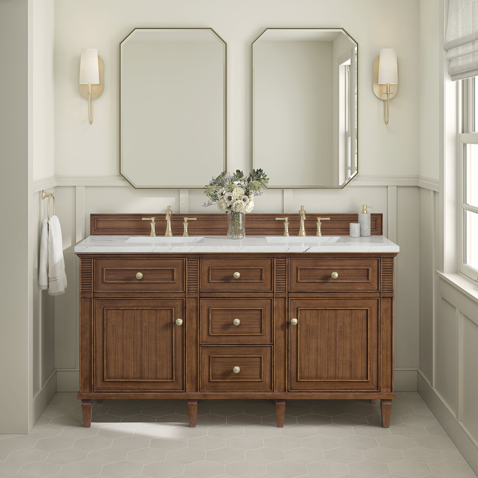 James Martin Vanities Lorelai 60" Mid-Century Walnut Double Vanity With 3 cm Ethereal Noctis Silestone Top and FreePower Wireless Charger
