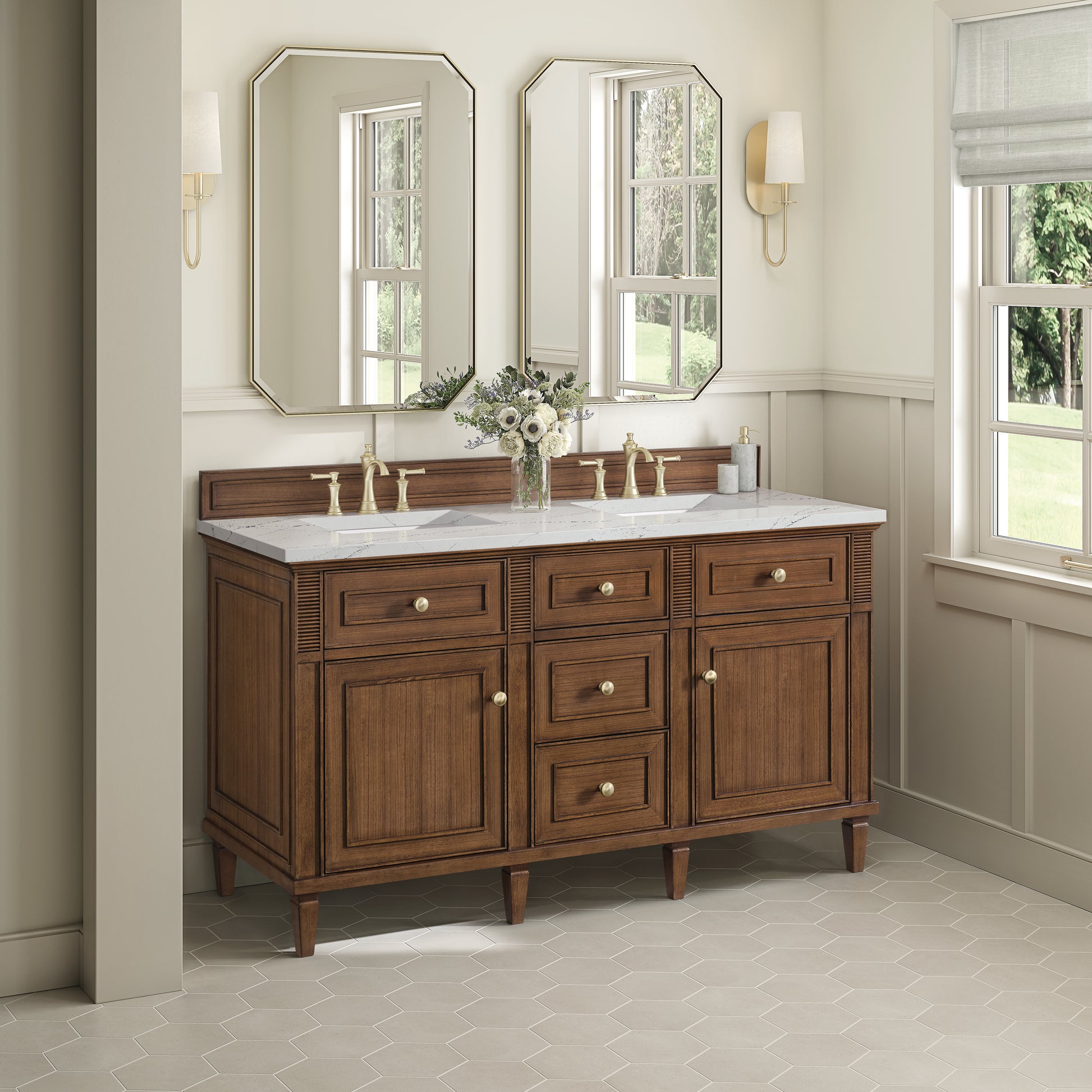 James Martin Vanities Lorelai 60" Mid-Century Walnut Double Vanity With 3 cm Ethereal Noctis Silestone Top and FreePower Wireless Charger