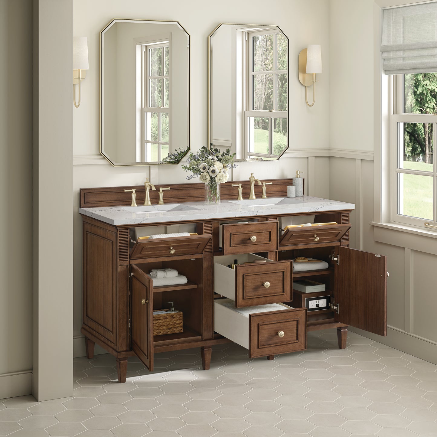 James Martin Vanities Lorelai 60" Mid-Century Walnut Double Vanity With 3 cm Ethereal Noctis Silestone Top and FreePower Wireless Charger