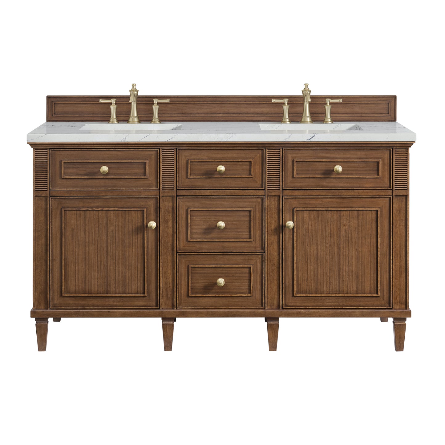 James Martin Vanities Lorelai 60" Mid-Century Walnut Double Vanity With 3 cm Ethereal Noctis Silestone Top and FreePower Wireless Charger