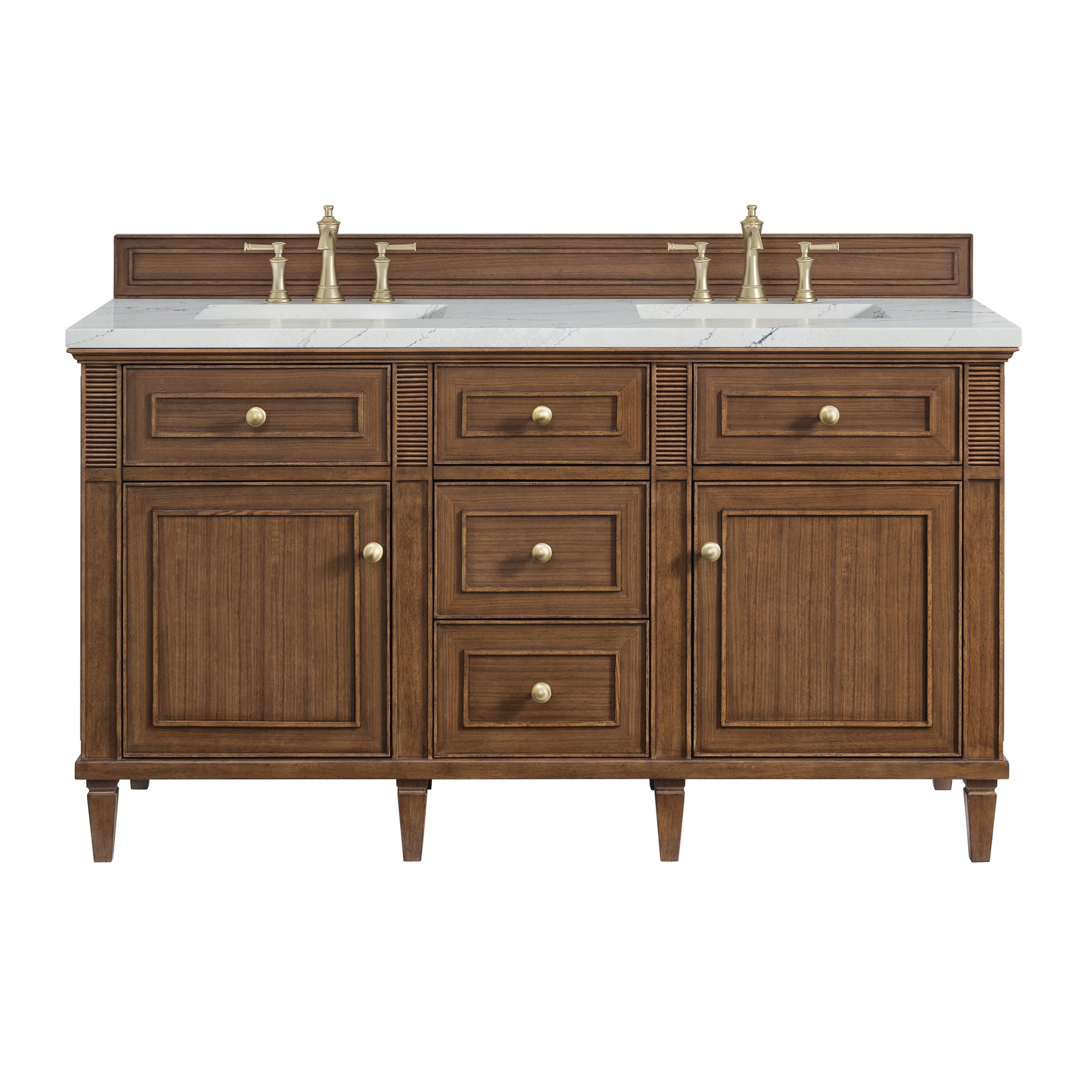 James Martin Vanities Lorelai 60" Mid-Century Walnut Double Vanity With 3 cm Ethereal Noctis Silestone Top and FreePower Wireless Charger