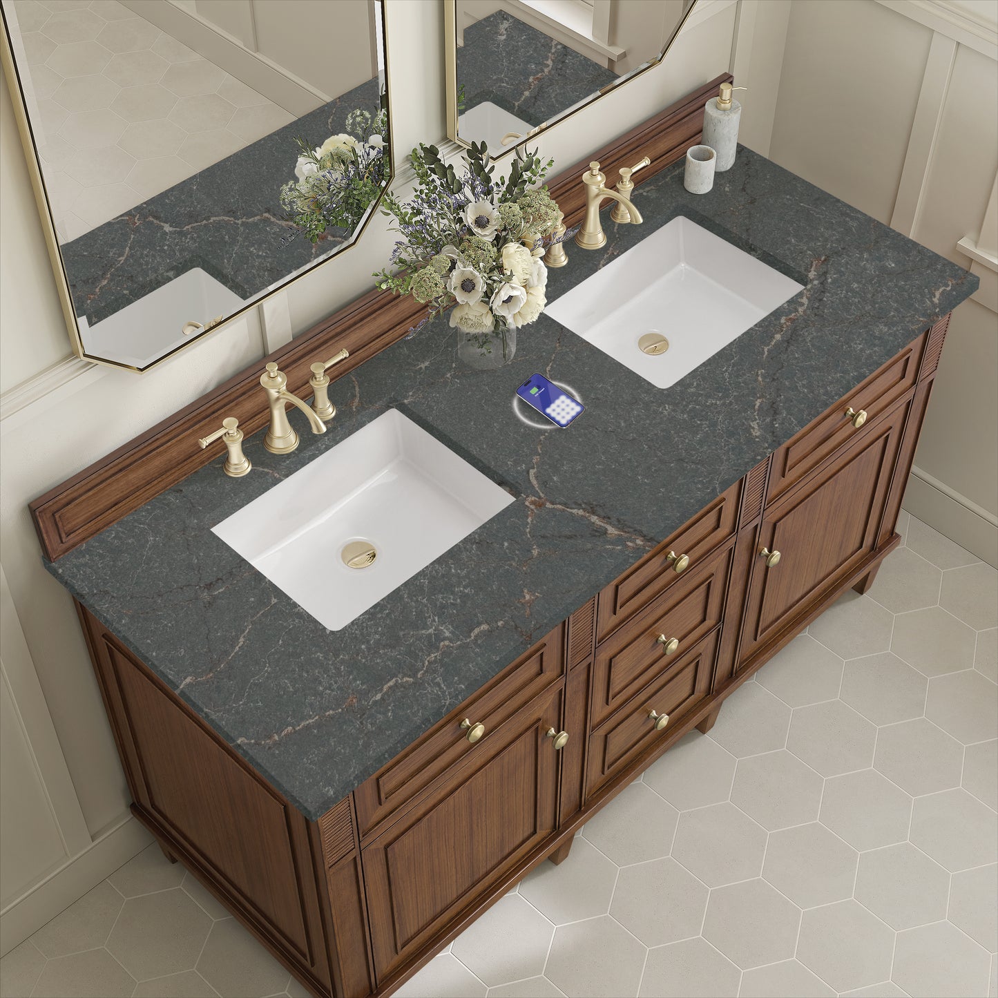 James Martin Vanities Lorelai 60" Mid-Century Walnut Double Vanity With 3 cm Parisien Bleu Silestone Top and FreePower Wireless Charger
