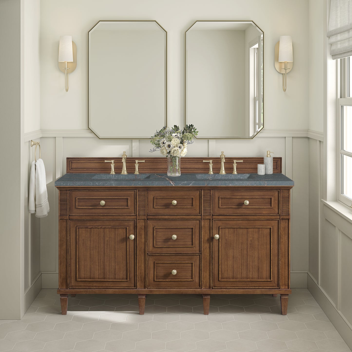 James Martin Vanities Lorelai 60" Mid-Century Walnut Double Vanity With 3 cm Parisien Bleu Silestone Top and FreePower Wireless Charger